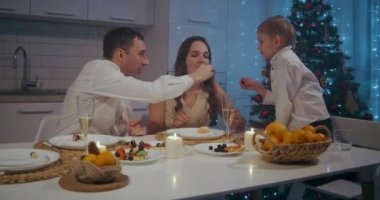 Farklı yaşlarda mutlu bir aile Noel 'i kutluyor. Mutlu bir aile. Kış tatili Çok nesilli ailede geleneksel Noel ziyafeti. Xmas ziyafetinin tadını çıkarıyorum.