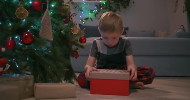 Förtjusande tre år gammal pojke öppnar sin julklapp och hitta en nalle inuti — Stockvideo