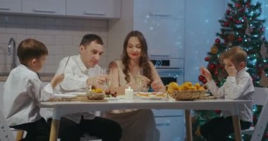 Farklı yaşlarda neşeli bir aile ellerinde pırıltılarla Noel 'i kutluyor. Mutlu bir aile. Kış tatili Çok nesilli ailede geleneksel Noel ziyafeti. Xmas ziyafetinin tadını çıkarıyorum.