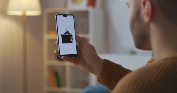 Betalning acceptera processen på skärmen av smartphone i manliga händer, mannen betalar och handla online med modern app och tjänst — Stockvideo