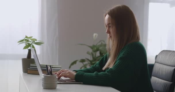 Női író vagy újságíró dolgozik otthonról, gépel szöveget notebook, küld az interneten, fiatal nő otthoni irodában — Stock videók