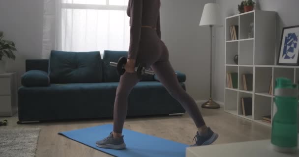 Exercises for slender legs and sexy ass, woman is squatting with dumbbells at home, exercises for keeping fit and losing weight — Stockvideo