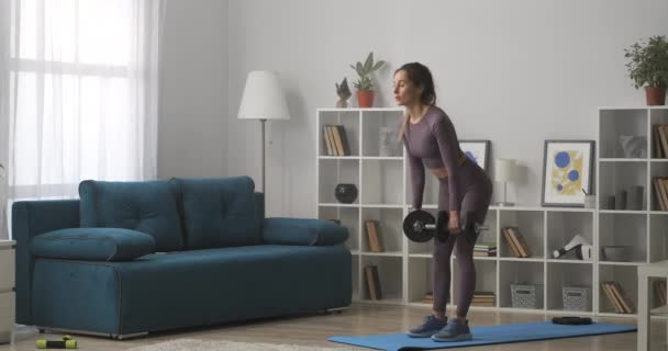 Cvičení ženy s činkami v rukou, trénink v obývacím pokoji o víkendech, wellness, power training — Stock video