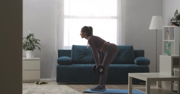 Home training with dumbbells, young sexy woman is holding weights in hands and leaning forward in living room, healthy lifestyle — Stock Video