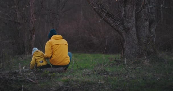 Vater und Sohn saßen auf dem Gras unter einem Baum, um im Wald spazieren zu gehen. Der Vater spricht mit seinem Sohn. Schießen von hinten. Weitwinkel. — Stockvideo