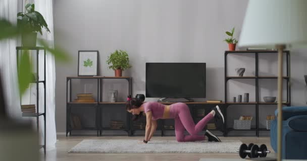 Gym lapin femme habillé rose vêtements de sport s'entraîne salon, debout sur le sol sur les mains et les genoux et soulevant les jambes — Video