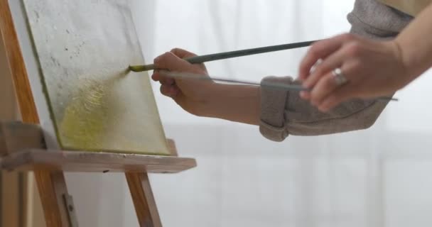 Vista de primer plano de la imagen con el paisaje en el taller artístico, la mujer está dibujando por pinceles y tintes al óleo, hobby — Vídeos de Stock