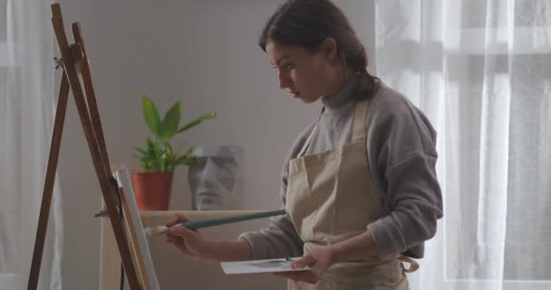Porträt einer jungen Frau, die im Raum zeichnet, Hobby und Unterhaltung in Selbstisolierung und Aussperrung, Farbe auf Leinwand durch Farbstoffe — Stockvideo