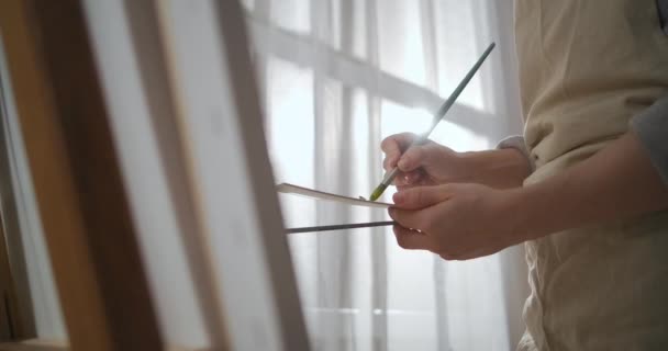 Professionele artiest vrouw werkt in studio, schilderij op doek, mengen kleurstoffen op palet — Stockvideo