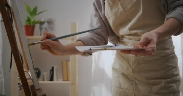 Vrouwelijke kunstenaar is tekening foto in workshop, close-up zicht van de hand met penseel, het aanbrengen van kleurstof op doek, met palet voor het mengen van kleuren — Stockvideo