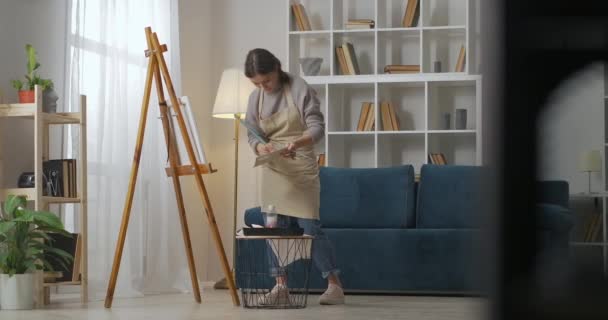 Jolie jeune femme fait passe-temps créatif le week-end, peinture tableau sur toile, en utilisant le salon comme atelier — Video