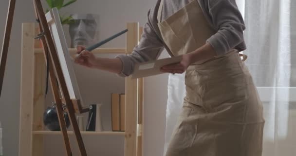 Nő festő rajz kép otthon, dolgozik a nappaliban, alkalmazása festékek vászonra ecsettel — Stock videók