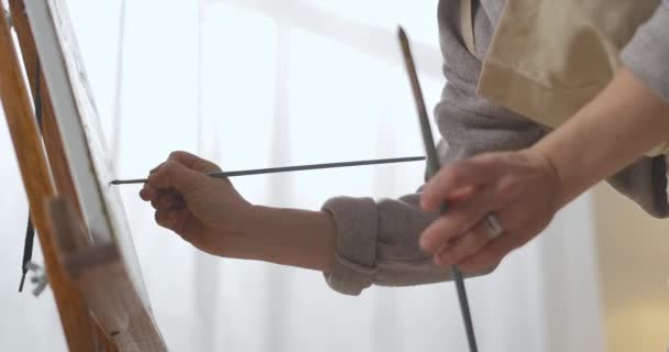 Εργαζόμενος καλλιτέχνης ζωγραφίζει εικόνα, closeup άποψη των γυναικείων χεριών με πινέλα, ζωγραφική χόμπι και ψυχαγωγία — Αρχείο Βίντεο