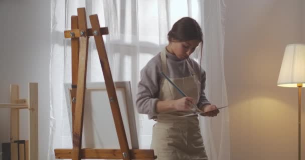 Jonge vrouwelijke kunstenaar werkt in haar atelier, kleuren mengen op het palet, staan in de buurt van ezel — Stockvideo