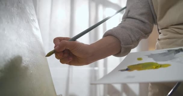 Vrouwelijke handen houden palet met kleurstoffen en borstel, kunstenaar werkt in studio, schilderij foto 's, closeup view — Stockvideo