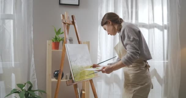 若い女性アーティストが自宅のスタジオで風景画を描き、絵筆でキャンバスに染料を塗り、才能とインスピレーションを得た人に — ストック動画