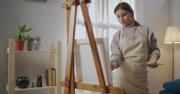 Student artysta maluje w domu, młoda kobieta rysuje obrazy według farby i pędzla, hobby, nauki i zawodu — Wideo stockowe