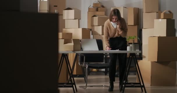 Mulher proprietária de pequena empresa de entrega está se comunicando por telefone com o fornecedor no quarto de apartamento usando como armazém com caixas — Vídeo de Stock