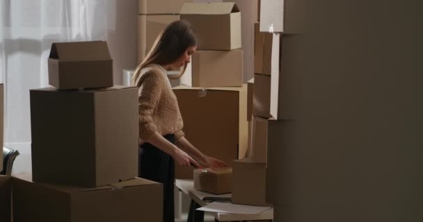 Γυναίκα παίρνει το πακέτο με τα καλλυντικά για το εμπόριο, ξεπακετάρισμα κουτί στην αποθήκη σπίτι, διαβάζοντας το έγγραφο και τον έλεγχο των εμπορευμάτων — Αρχείο Βίντεο