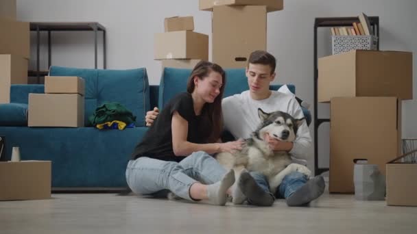 Egy férfi leül a földre és megsimogatja a kutyáját. Finoman megöleli a barátnőjét és megcsókolja a haját. Egy közös élet kezdete egy új, tágas lakásban. — Stock videók