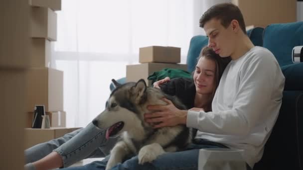 Tiro médio. Um homem esbelto gentilmente abraça sua amada namorada. Um casal feliz está acariciando seu cão de estimação, que está deitado no chão ao lado deles em seu novo apartamento. — Vídeo de Stock