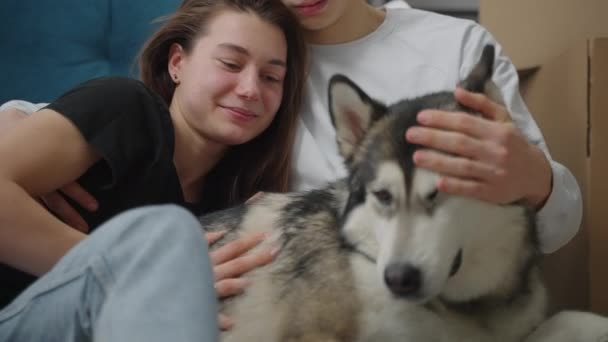 Um plano de perto. Um homem magro abraça suavemente a namorada. Um casal amoroso acariciando seu cão de estimação, que fica no chão ao lado deles em seu novo apartamento. — Vídeo de Stock
