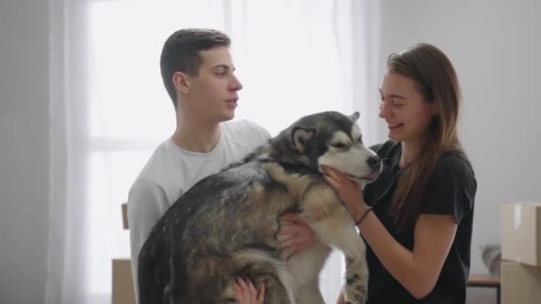 Um plano de perto. Um homem tem um cão adulto nos braços. Jovem mulher acariciando seu cão amado. A família feliz expande seu espaço de vida. — Vídeo de Stock