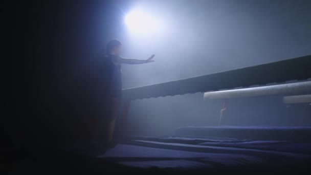 Denge kirişinde sanatsal jimnastik yarışması, genç bayan sporcu sahneleniyor, Koyu Spor Salonu — Stok video