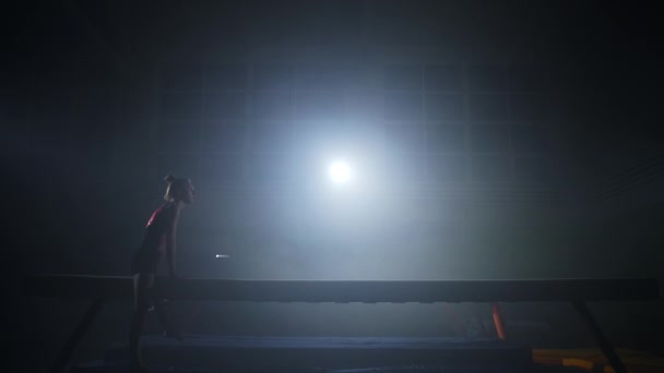 십 대 운동 선수인 소녀는 저녁에 혼자 서 체조 연습을 하면서 어둠 속에서 균형을 잡는 일을 하고 있다 — 비디오