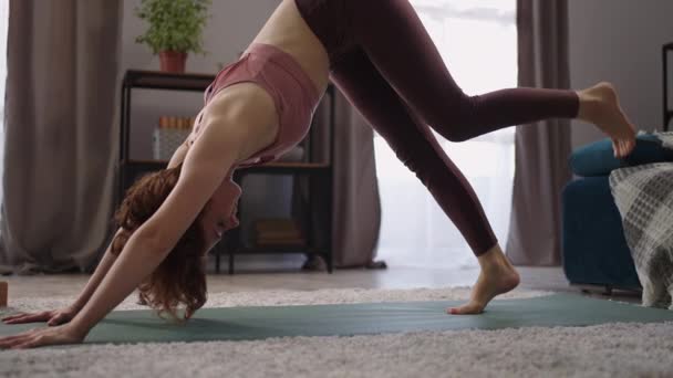 Vuxen kvinna gör motion för ryggradsflexibilitet, öva hatha yoga, utför asanas, stående i nedåtvänd hund pose — Stockvideo