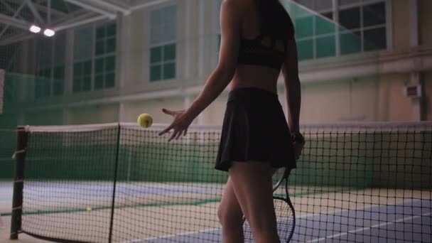 Брюнетка теннисистка тренируется и согревается на теннисном корте, носит спортивный топ и юбку, вид сзади — стоковое видео