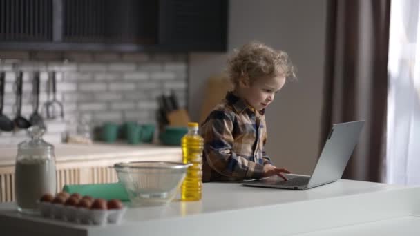 Băiețel vesel este navigarea pe internet de laptop, copil modern acasă cu gadget, copil mic în bucătărie în dimineața de weekend — Videoclip de stoc
