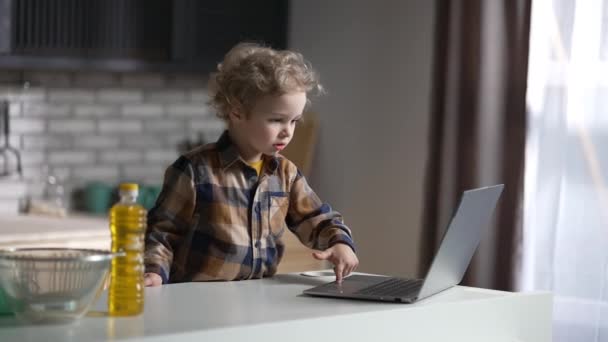 Чарівний хлопчик використовує сучасний ноутбук вдома, стоїть на кухні один на вихідних, дивиться мультфільми — стокове відео