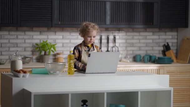 Komik küçük çocuk aşçı gibi giyinmiş modern apartmanda mutfakta oynuyor, dizüstü bilgisayar kullanıyor ve yemek pişirmeye hazırlanıyor. — Stok video