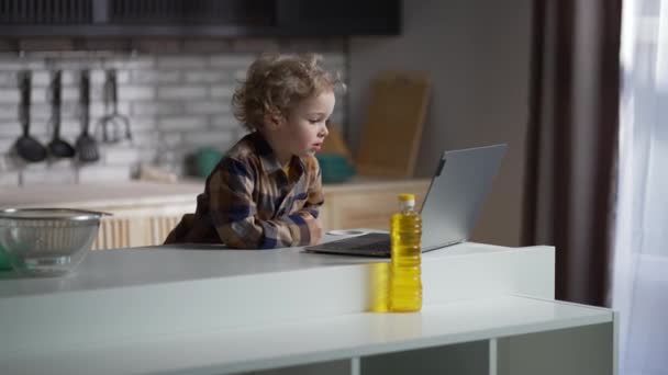 Drăguț copil este vizionarea video pe laptop pe bucătărie acasă, portret emoțional al băiețelului în interior — Videoclip de stoc