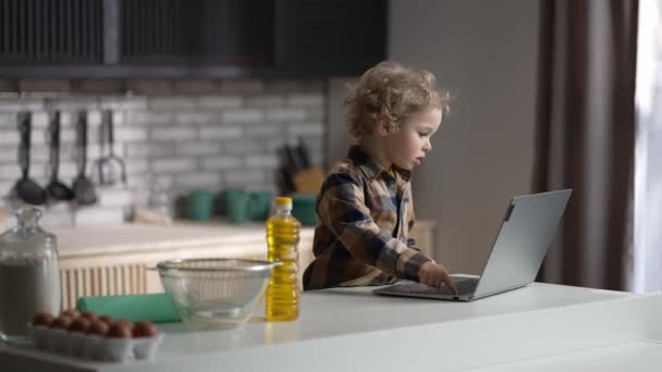Băiețel cu bucle de lumină fermecătoare vizionează video de laptop în bucătărie duminică dimineață, portret mediu — Videoclip de stoc