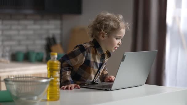 Drăguț copil este comunicarea prin chat online în laptop la domiciliu, băiețel este vizionarea la ecran și chat — Videoclip de stoc
