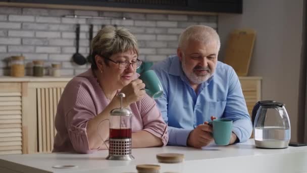 Joyeux vieil homme et femme boivent du thé le week-end, se détendre à la maison cuisine, heureux retraités communiquent et se reposent — Video