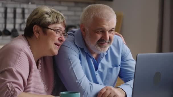 Heureux conjoints âgés sont en agitant les mains à la caméra web de l'ordinateur portable, bavarder en ligne avec des amis ou de la famille — Video