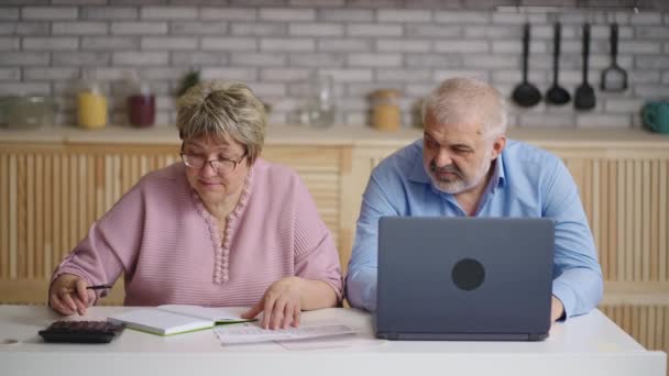 Vieil homme et femme paient en ligne, femme calcule les factures d'utilité et mari utilise un ordinateur portable pour envoyer de l'argent — Video