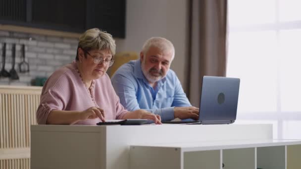 Dvojice důchodců počítají své výdaje a příjmy spolu sedí v kuchyni v bytě, starý muž a žena — Stock video