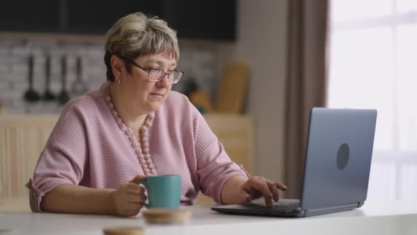 Retrato de anciana usuaria de redes sociales, mujer está escribiendo y enviando mensajes por computadora portátil — Vídeos de Stock