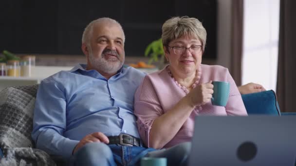 Viejo pareja de casados está viendo vídeo o película en el ordenador portátil, sentado juntos en la sala de estar del apartamento, relajarse en fin de semana — Vídeos de Stock