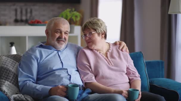 Счастливые пожилые супруги отдыхают дома в воскресенье, проводят выходные вместе, пьют чай в гостиной — стоковое видео