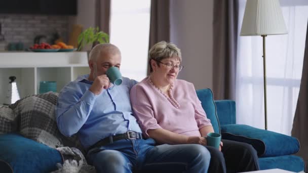 Calmo casal par de aposentados é relaxante em casa no fim de semana, homem de cabelos grisalhos e mulher bonita estão sentados no sofá na sala de estar — Vídeo de Stock