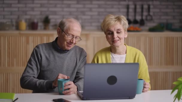 Chat vidéo en ligne avec des amis ou de la famille, portrait de grand-père et grand-mère regardant l'affichage de l'ordinateur portable, assis à la maison cuisine — Video