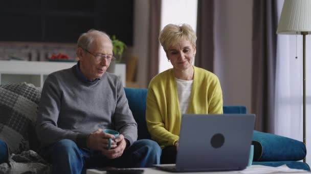 Glad äldre man och kvinna kommunicerar via videochatt i laptop med vänner eller familj, sitter i vardagsrummet hemma på helgen — Stockvideo