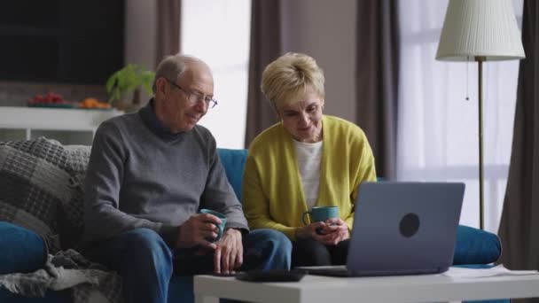 Jubilados se comunican por Internet con amigos y familiares, utilizando el ordenador portátil con videollamada, sentado en el apartamento — Vídeos de Stock