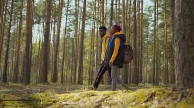 Çekici modern turistler orman tepelerine tırmanan siyah çift uzaktan hayvanları izliyor. Doğal park. Eğlence konsepti. Yavaş çekim yürüyüşü