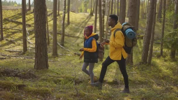 Unga snygga par turister promenader i park karta i mobiltelefon ser sig omkring och pratar. Begreppet vandring och friluftsliv. Långsamma rörelser — Stockvideo